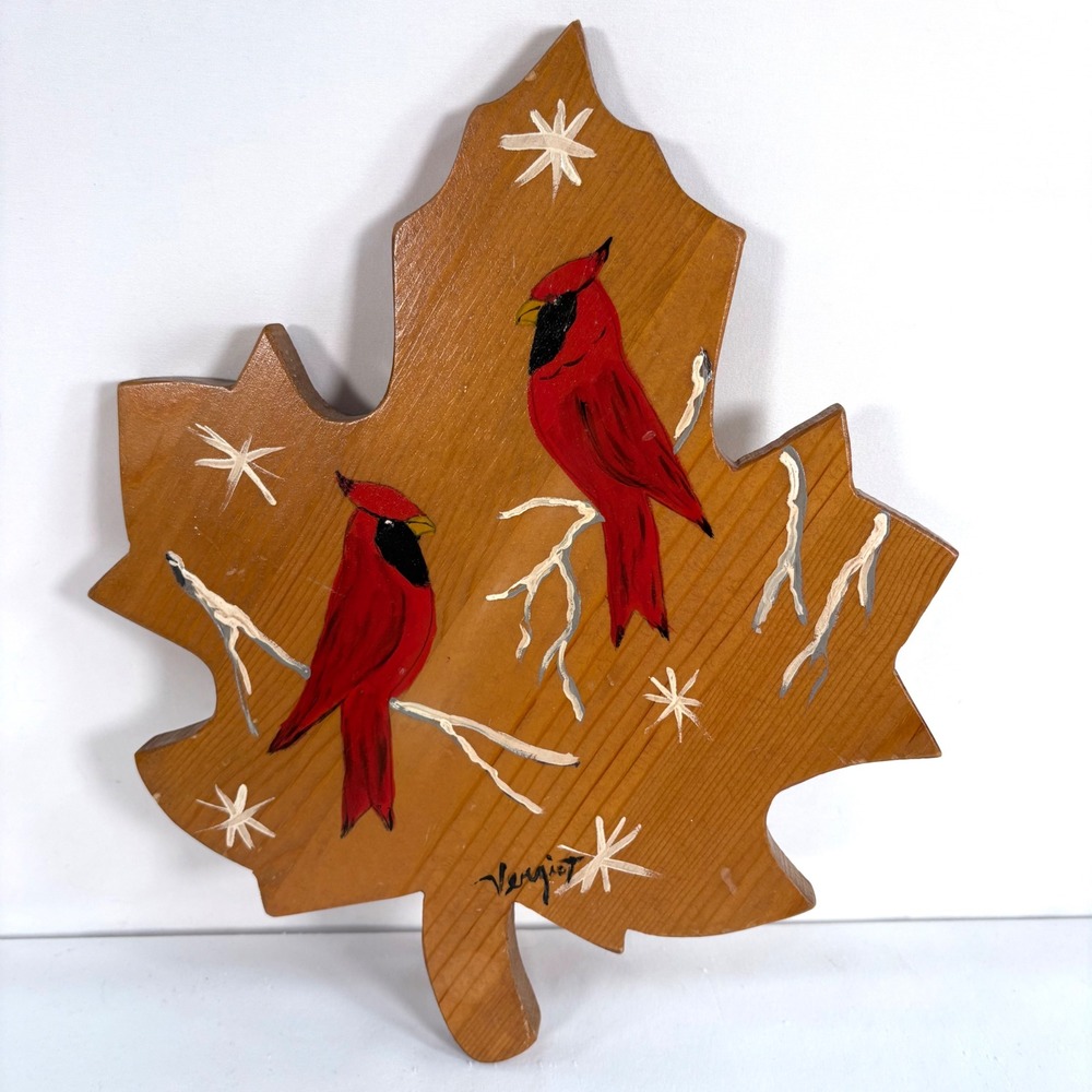 Quiet Country Amish Furniture Wall Plaque Brown Red Cardinal Maple Leaf Wood Art